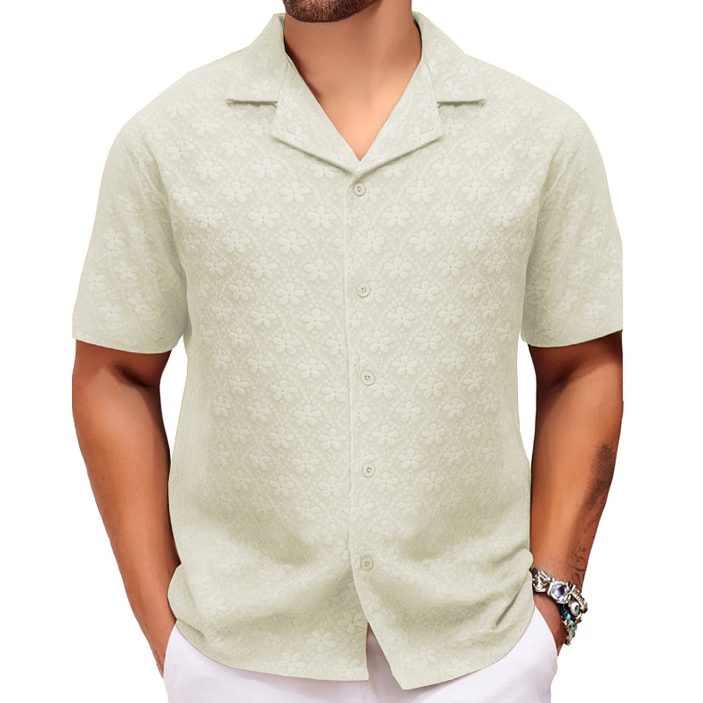 Men s Floral Print Short Sleeve Shirt with Turn-down Collar and Button Closure Perfect for Casual Summer Outfits