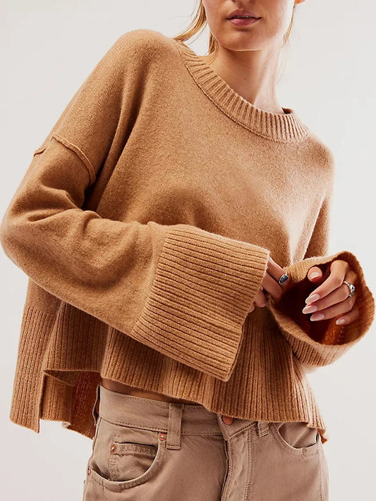 Women s Autumn Winter Knit Sweater Long Flared Sleeve Solid Color Loose Knitwear