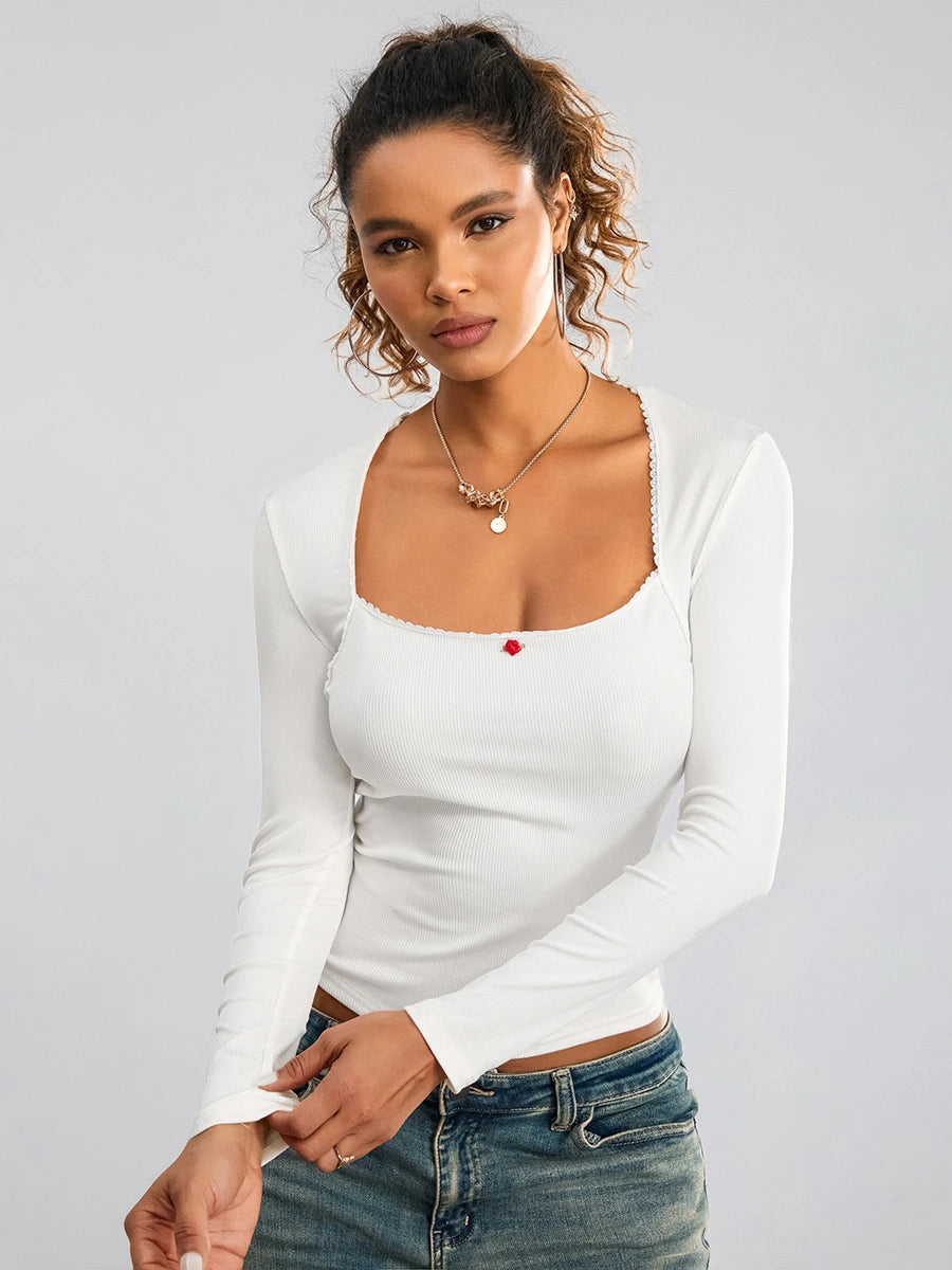 Women s Spring Sim Knit Tops Striped Patterned Ribbed Long Sleeve V-Neck Mini Daisy Embellished Blouses