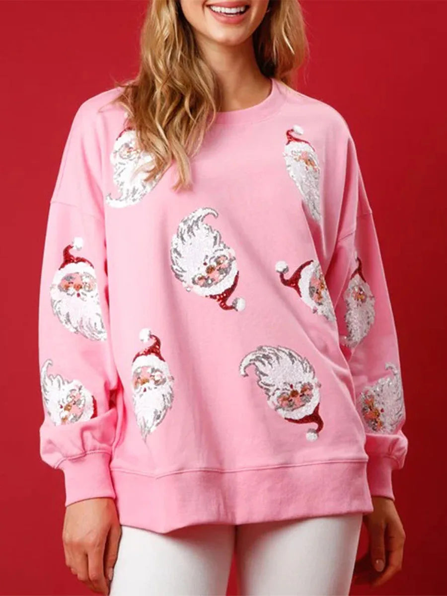 Women’s Crewneck Sweatshirt Loose Santa Claus Sequins Print Long Lantern Sleeve Tops for Christmas