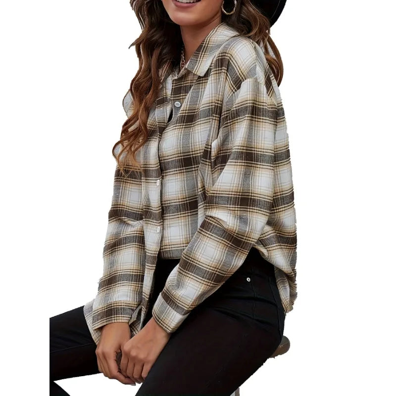 Women's Plus Size Fashionable Checkered Printed Shirt Long Sleeved Lapel Button Casual Commuting Shirt