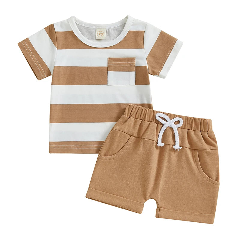 Boys Summer Outfit Set Short Sleeve Striped Tee and Solid Color Shorts Set with O Neck Design for a Stylish Look