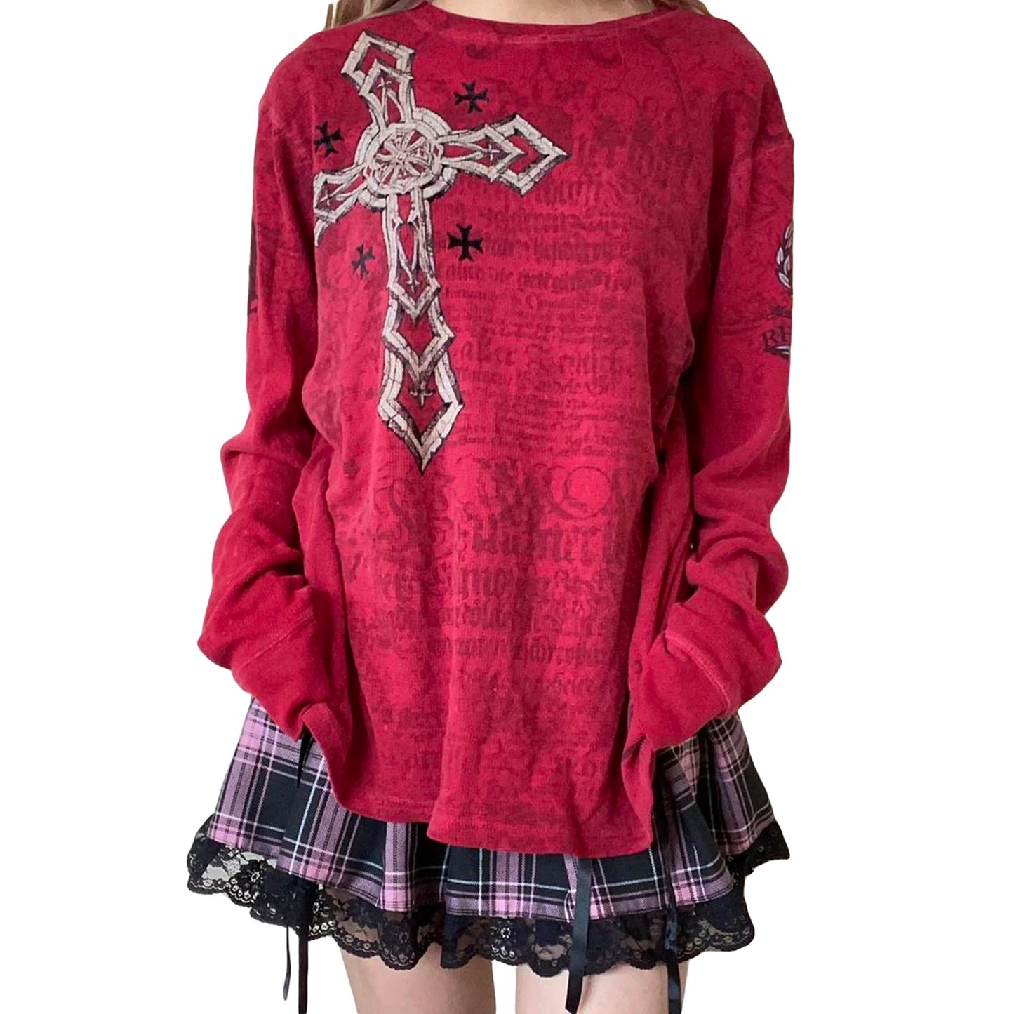 Women s Vintage Graphic Tops Gothic Long Sleeve Round Neck Loose T-Shirts Streetwear Grunge Tops