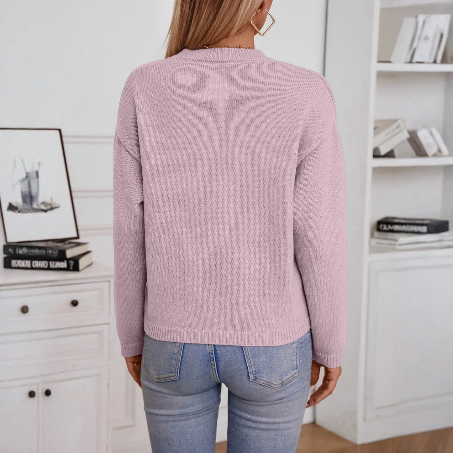 2025 Women'S Fashionable Casual Loose Open Collar Knitted Sweater Long Sleeved Comfortable Pocket Sweater Pullover Sweater