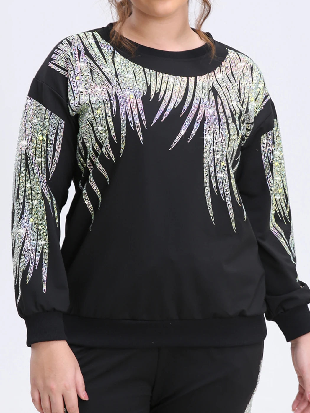 Plus Size Sweatshirt Sparkling Rhinestones Graphic Crew Neck Pullover Long Sleeve Top for Spring, Fall and Winter Casual