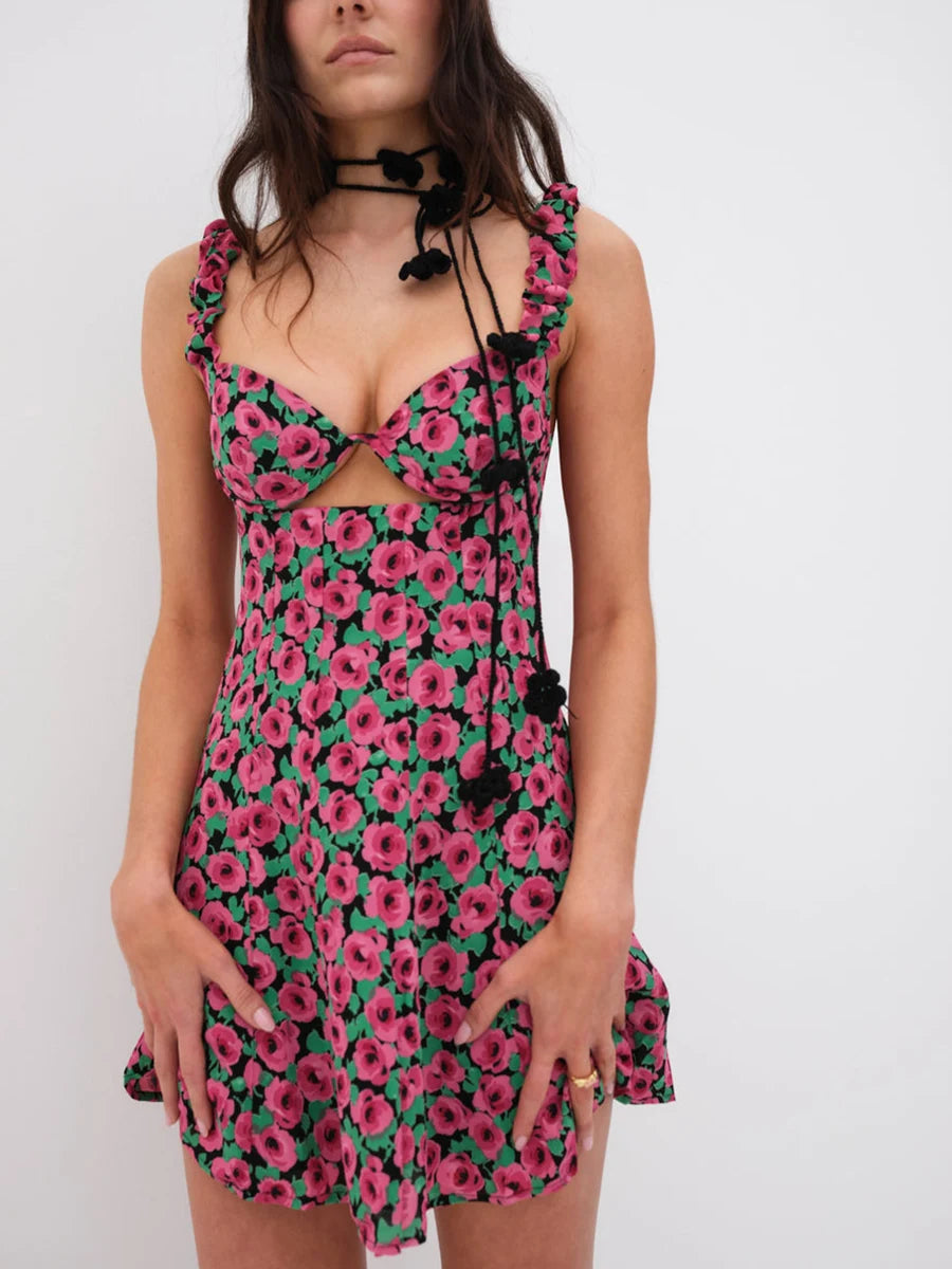 Women s Summer Mini Dress Sleeveless Sweetheart Neck Cutout Floral Print A-Line Dress Short Tank Dress