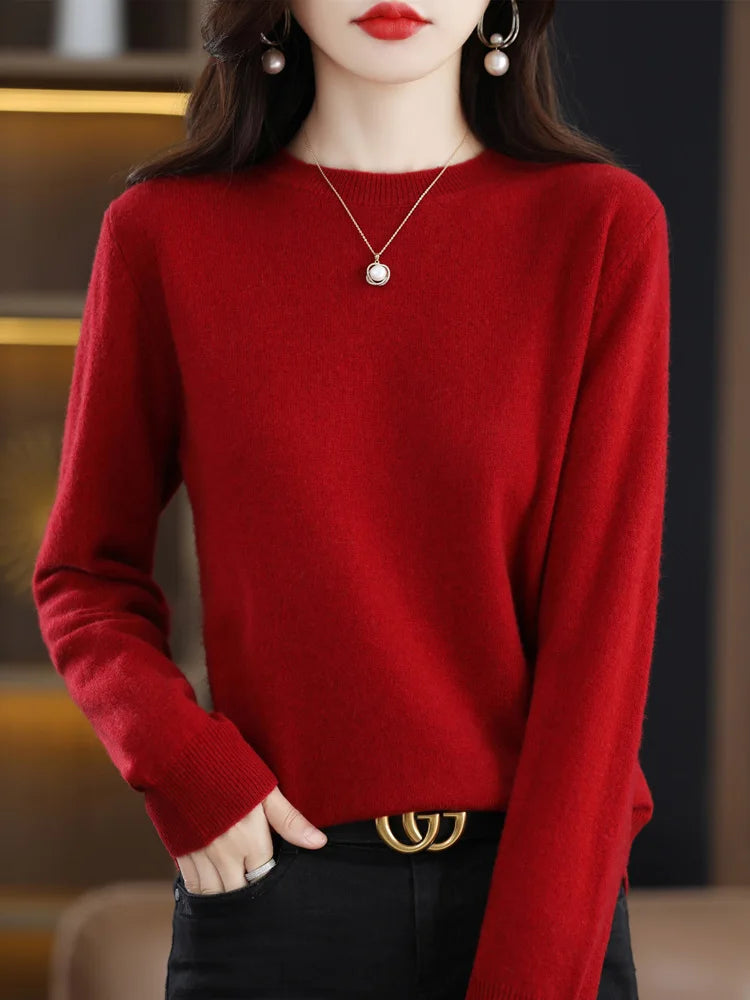 Fashion 100% Merino Wool Women's Sweater O-Neck Long Sleeve Pullover Spring Autumn Winter Basic Jumper Clothing Knitwear Tops