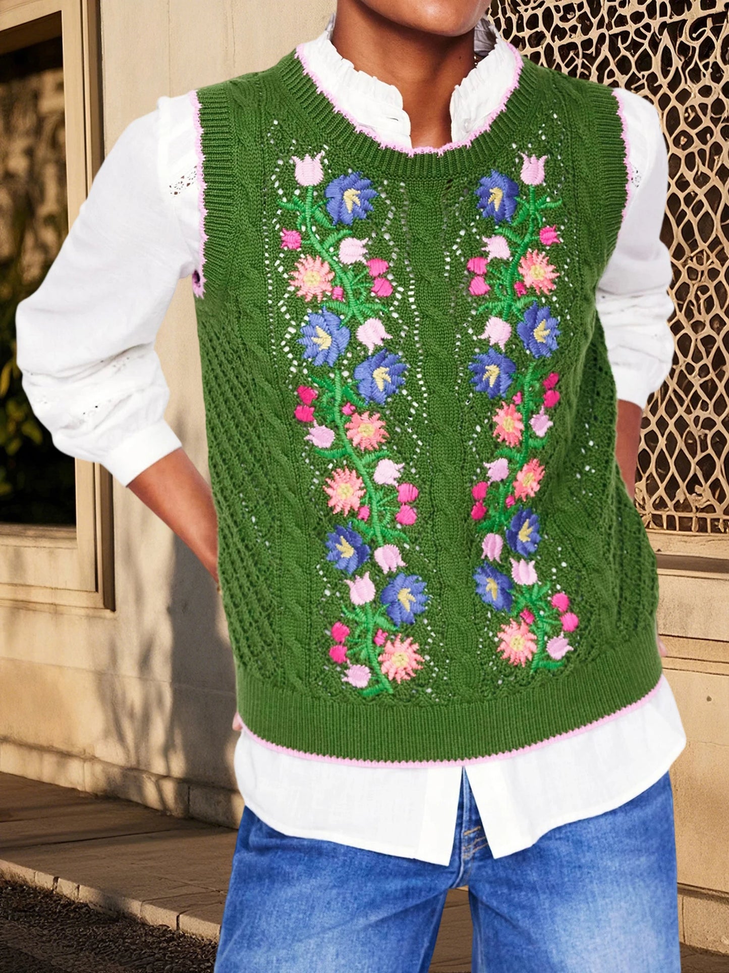 Women s Sleeveless Knit Sweater Vest with Floral Embroidery Cozy Crew Neck Tank Top Stylish Knitted Sleeveless Pullover
