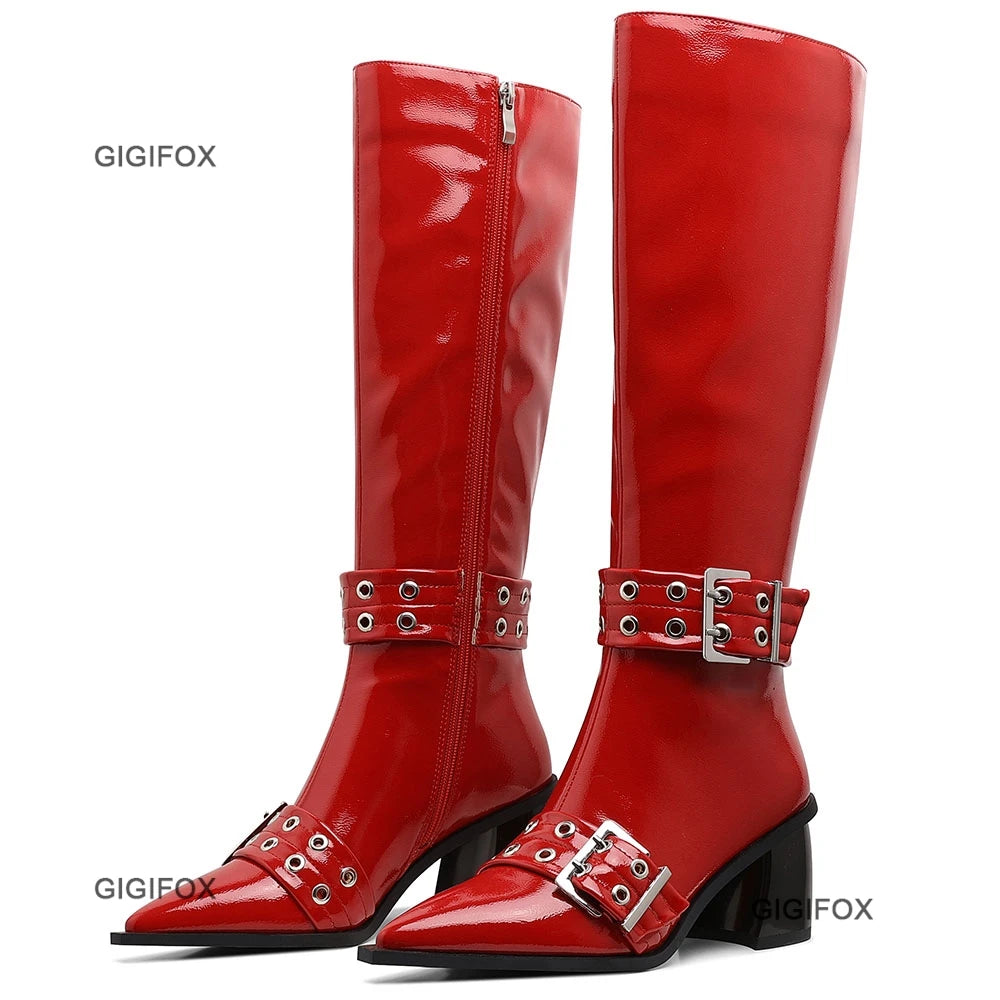 GIGIFOX Pointed Toe Women Zipper Knee-high Boots Chunky High Heel Patent Leather Metal Buckle Shoes Punk Fashion Boots For Woman