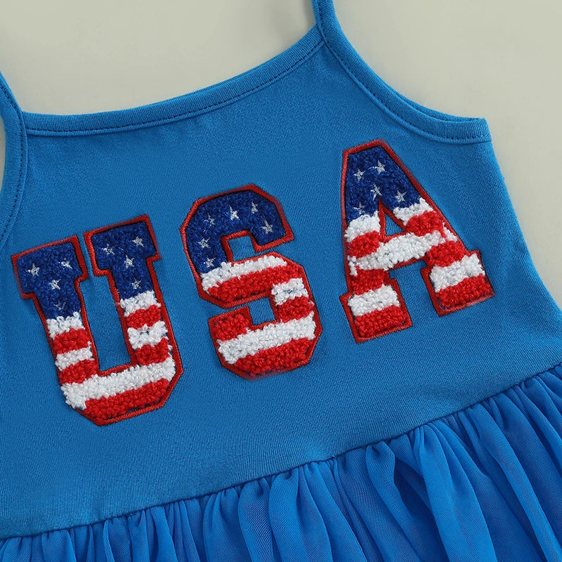 Independence Day Toddler Girl Dress with Embroidered Letters Sleeveless Tulle Patchwork A-Line Dress Perfect for Summer
