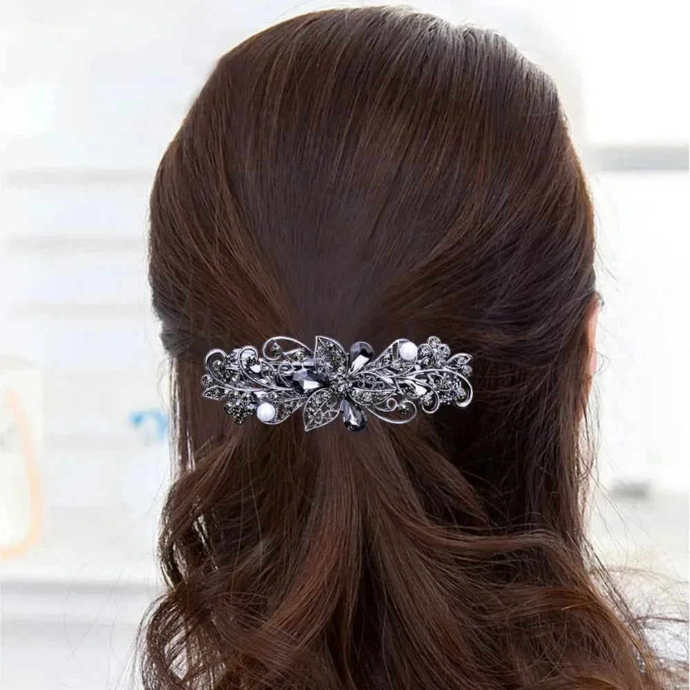 Hair Barrettes for Women Ladies, Flower Crystal Rhinestones Barrettes Pearl Spring Hair Clip Accessories Women Fashion Ponytail