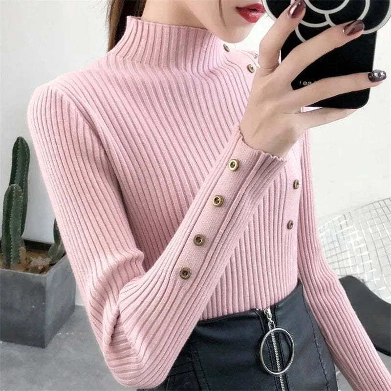 2025 Women Autumn Knitted Slim Sweaters Solid Knitted Female Cotton Soft Elastic Color Pullovers Button Full Sleeve Turtleneck