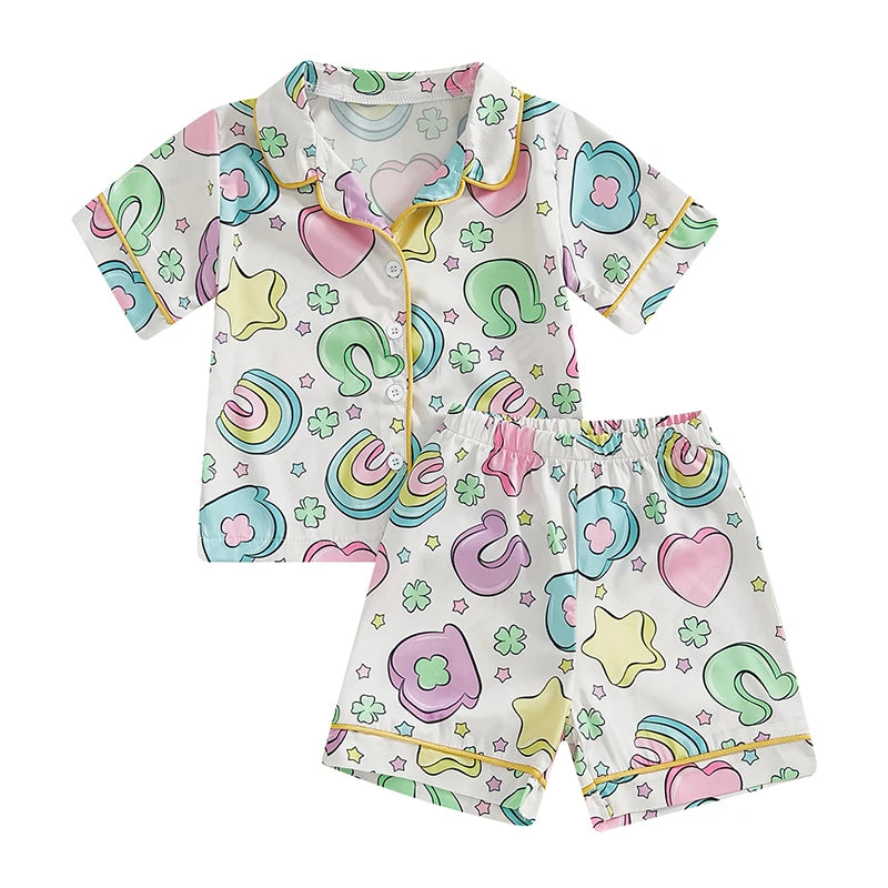 Boys 2PCS Pajama Sets Long Sleeve Lapel Button Up Dinosaur Robot Spaceship Truck Print Shirt Shorts Sleepwear