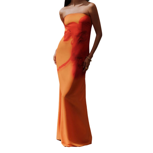 Women Long Dress Floral Print Tube Dress Summer Fashion Backless Casual Strapless Dress