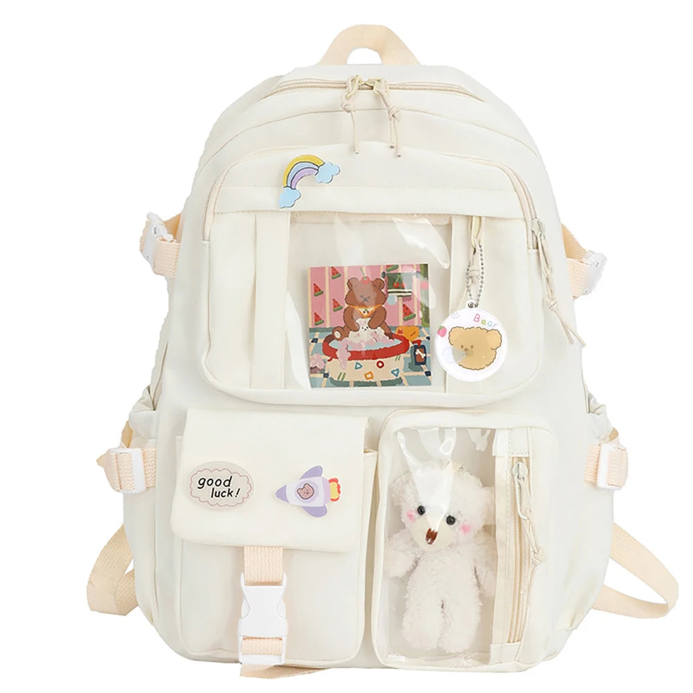 Laptop Backpack Fashion College Student Rucksack with Plush Pendant Pin Cute Kawaii Large Capacity Japanese Style for Teen Girls