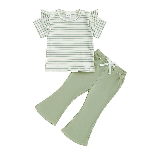 Girls Summer Outfits Lettuce Trim Striped Print Ruffles Short Sleeves T-Shirt with Elastic Flare Pants - Adorable Matching