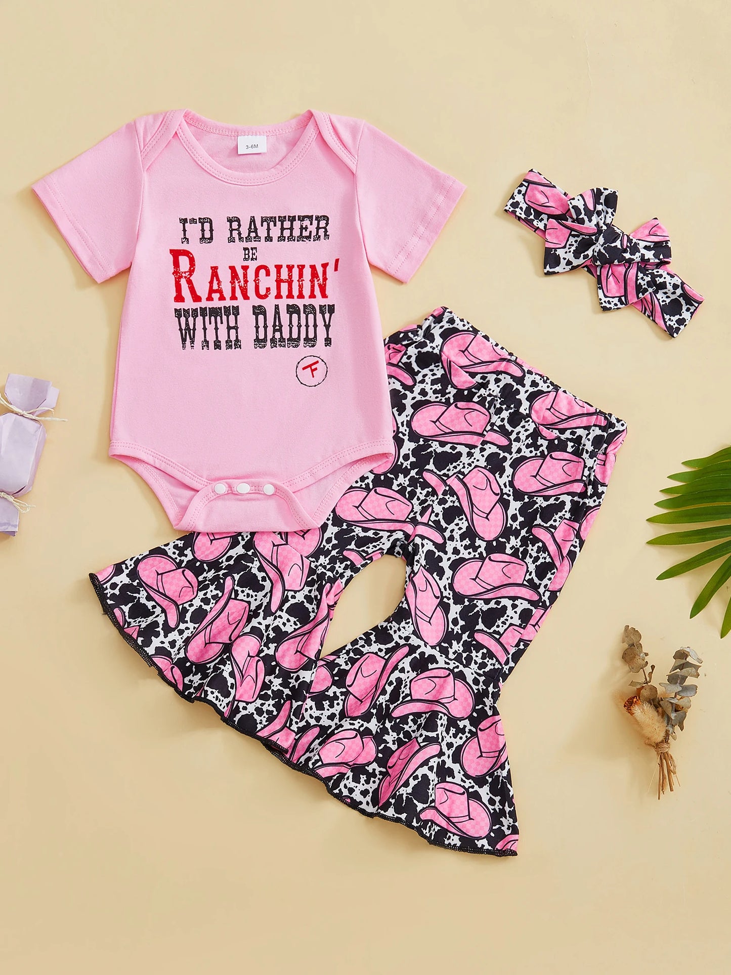 Adorable Toddler Cowgirl Costume with Western Print Romper Flared Pants and Matching Headband - 3 Piece Set for Country Style