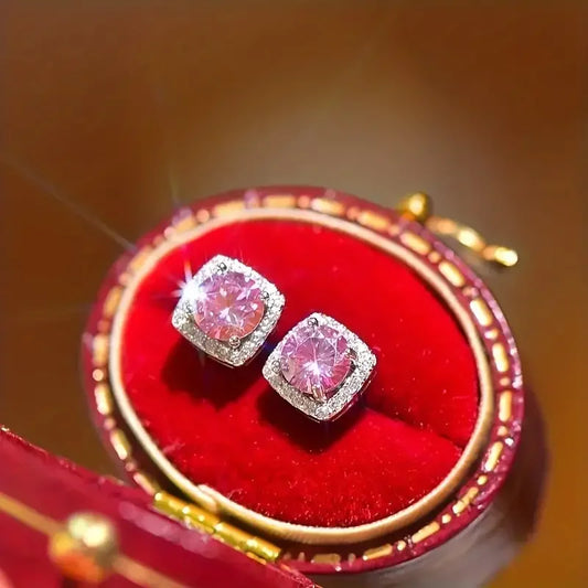 925 Silver Plating. 1 Carat Pink Moissanite* 2, Fashionable Earrings for Men and Women
