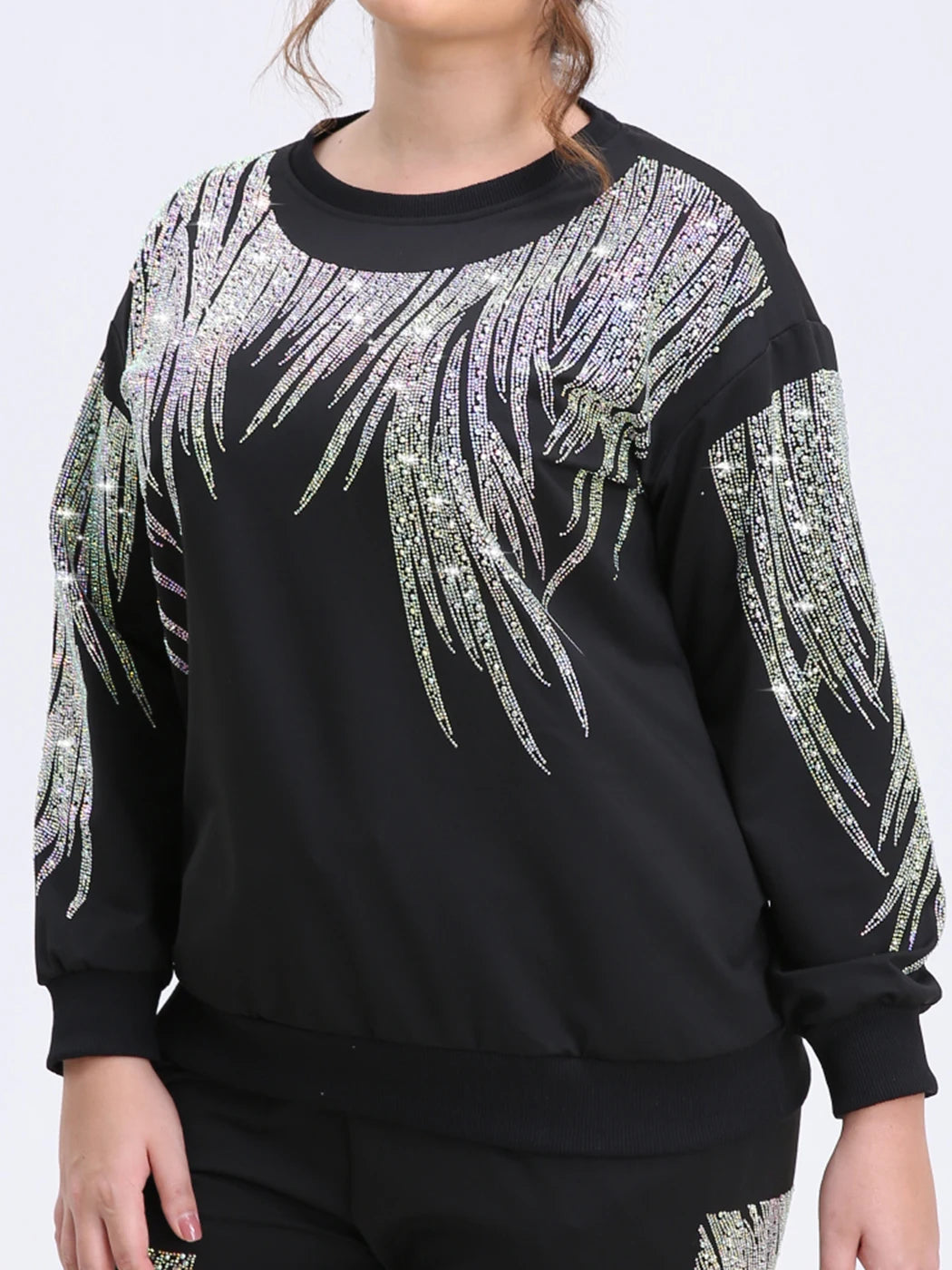 Plus Size Sweatshirt Sparkling Rhinestones Graphic Crew Neck Pullover Long Sleeve Top for Spring, Fall and Winter Casual