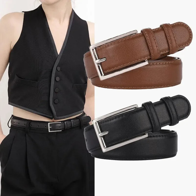 Luxury Genuine Leather Wide Belt Ladies Fashion Simple Matching Jeans Gold Buckle Belt Women 2.8cm Wide Cowhide Brown Belt