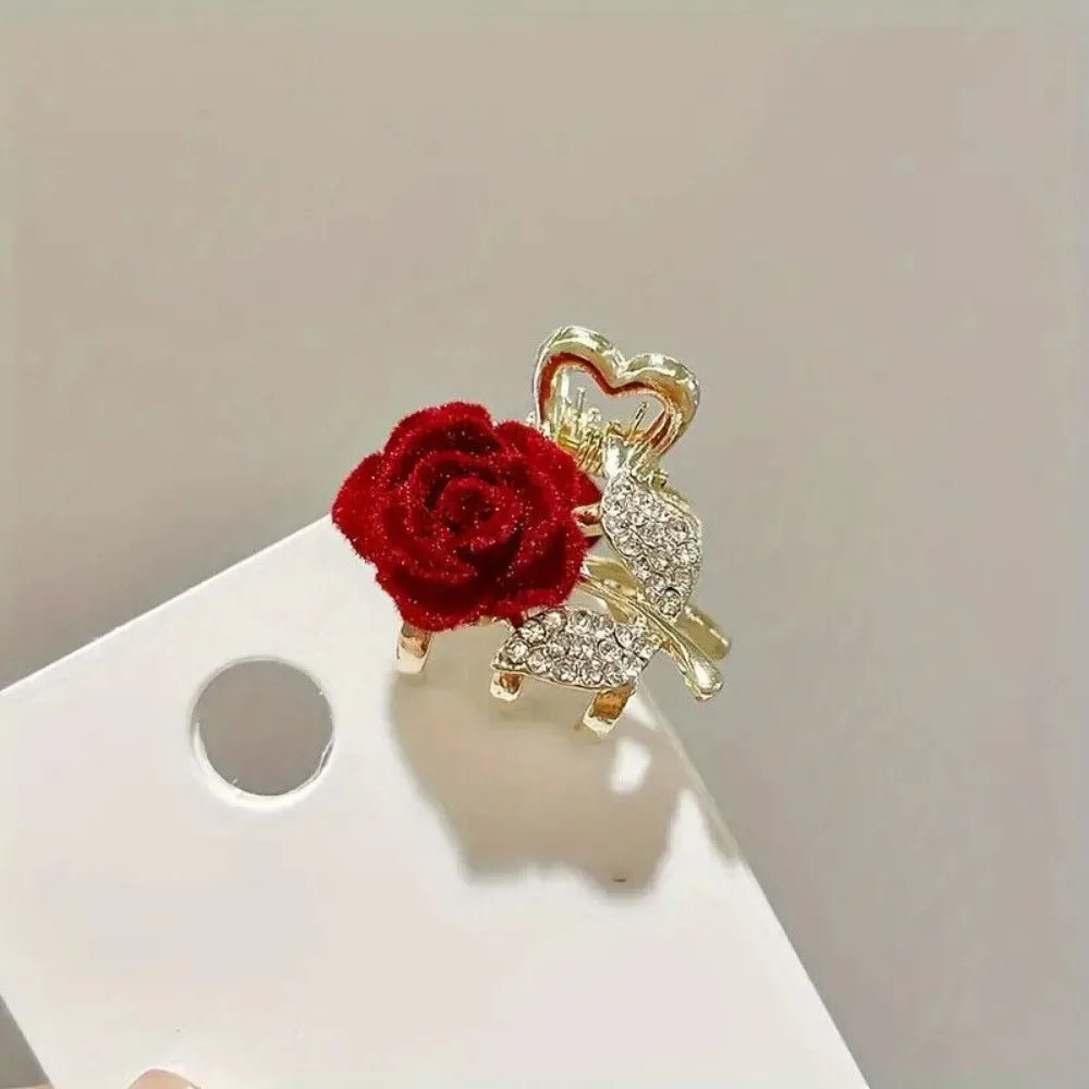Mini Rhinestone Hair Claws Clip Velvet Rose Hair Clip Hair Clamp Clip Rose Hair Barrettes, Wine Red