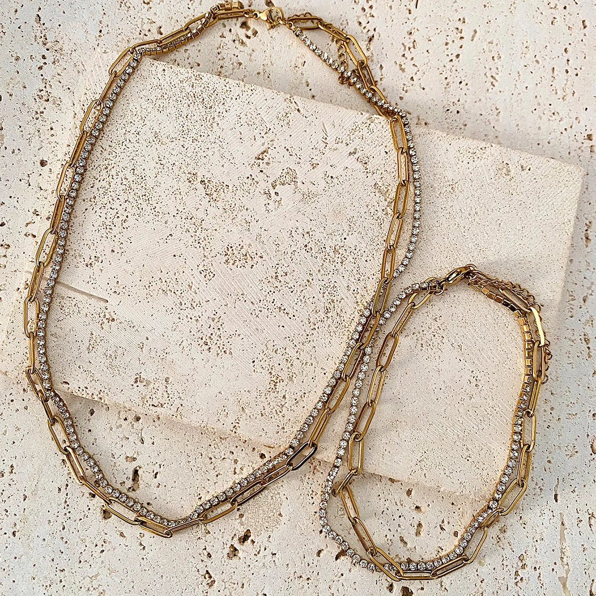 Lxalry 18K Gold Plated Waterproof Double Layer Chain Necklace & Bracelet Set – Non-Tarnish, Hypoallergenic, Summer Jewelry