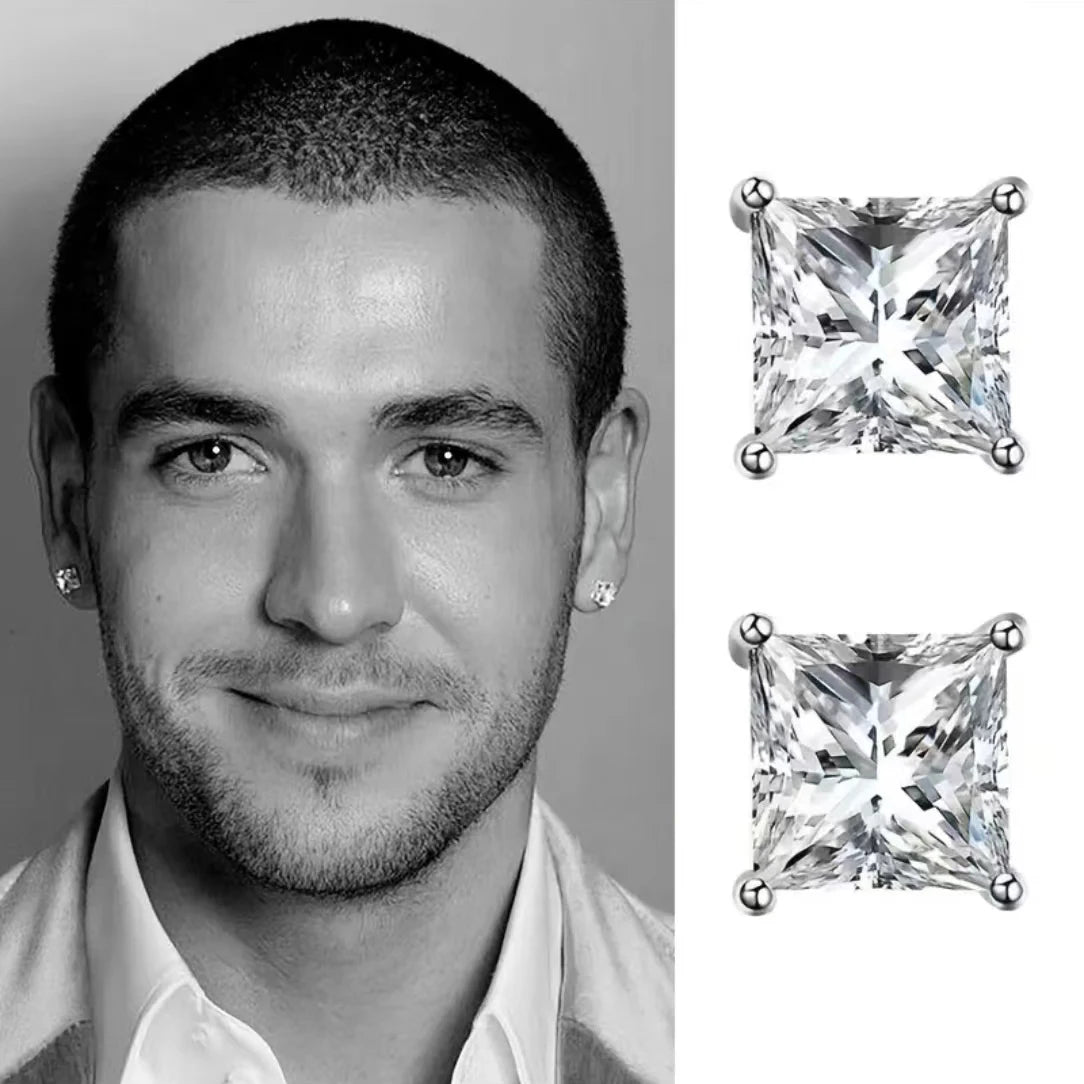 JIUZUAN 2pcs/pair S925 Moissanite Square Lab Created Stud Earrings, Men's Hip Hop Jewelry, Christmas Gifts