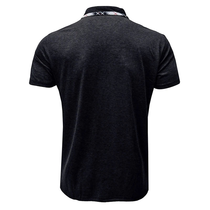 Men s Casual Short Sleeve Shirt Regular Fit Plaid Trim Half Button-up Lapel Neck Top Summer Clothing Collection