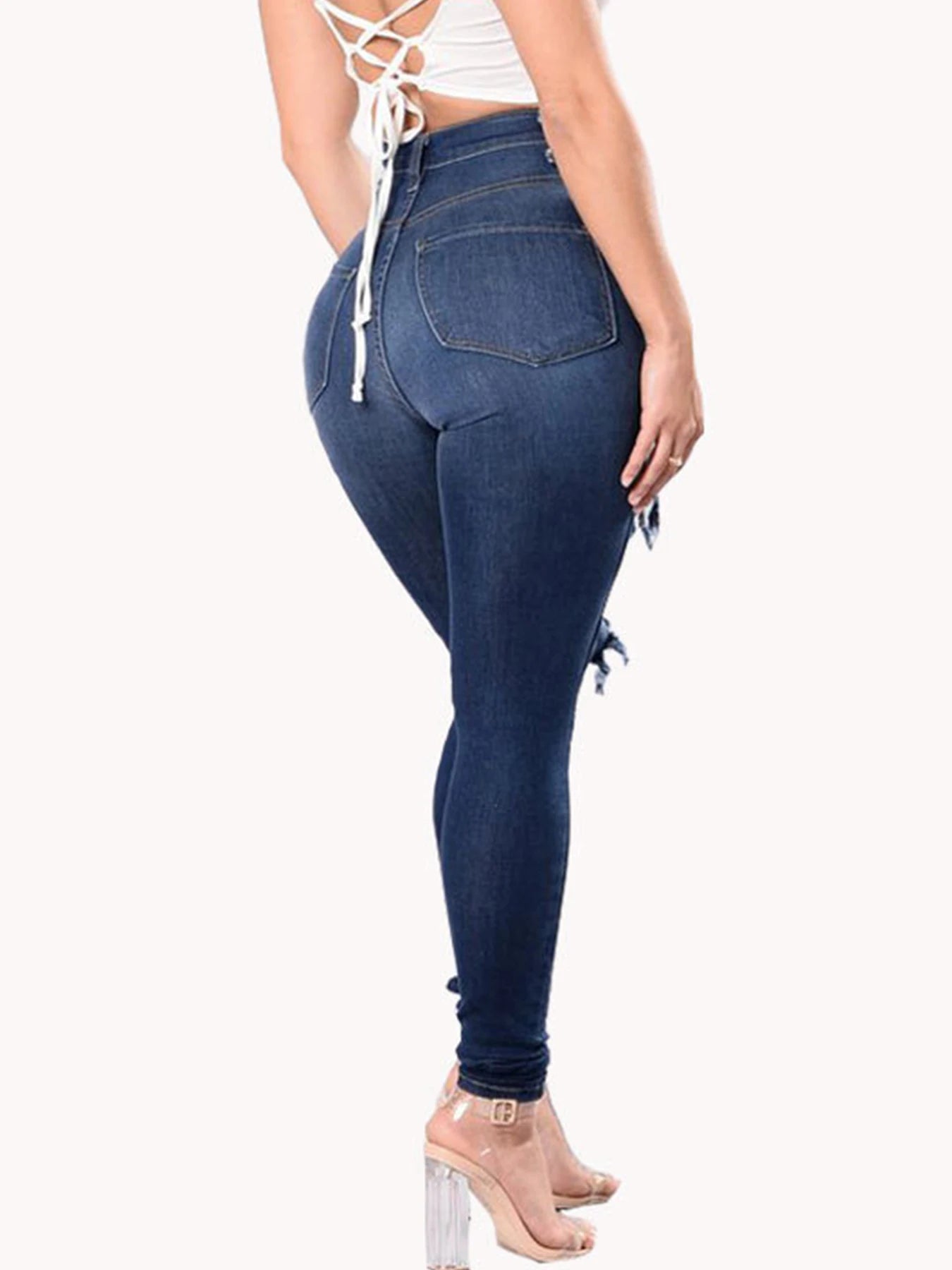 Women's High Waisted, High Stretch Ripped Tight Jeans, Fashionable, Casual and Comfortable Washed Jeans, Slanted Pockets, Suitab