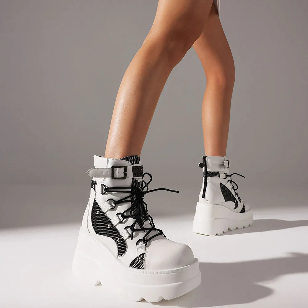 DoraTasia Punk Ankle Boots Platform Back Zipper Buckle Round Toe Lace-up Chunky High Heeled Shoes Mixed-color Motorcycle Boots