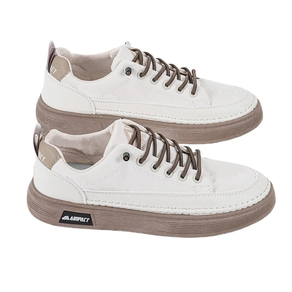 Beige Men's Punk Skate Shoes w/Leather & Canvas, Breathable Elevated Platform Sneakers for Street Fashion & Casual Wear