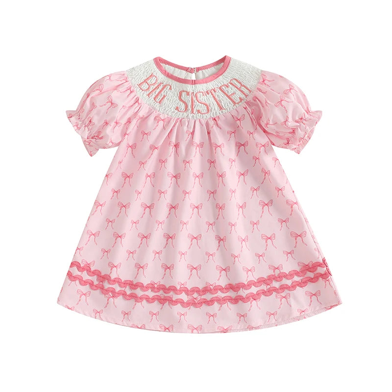 Cute Baby Girls Floral Print Ruffle Sleeve Round Neck Casual Dress Toddler Summer Dress with Bow Detail and Embroidered Letters