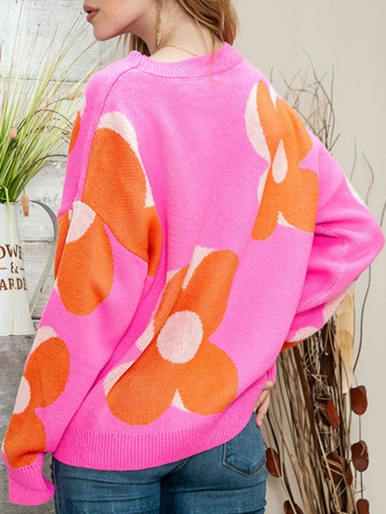 Women's Brown Knit sweater New Fashion Y2k Long Sleeves Loose Knitted Flower Round-Neck Casual Pullovers Sweater Tops Female