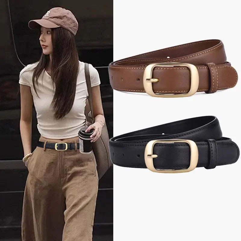 Luxury Genuine Leather Wide Belt Ladies Fashion Simple Matching Jeans Gold Buckle Belt Women 2.8cm Wide Cowhide Brown Belt