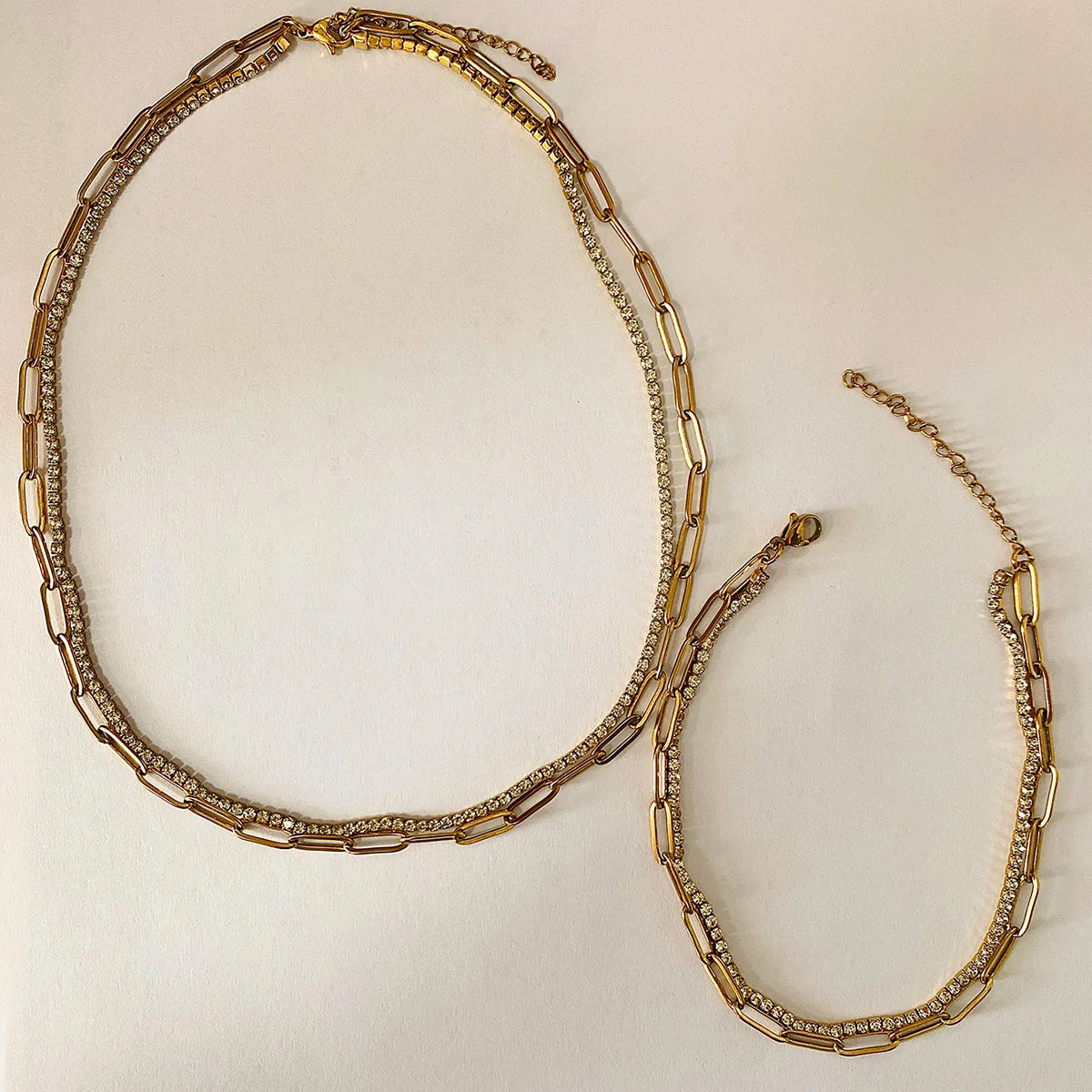 Lxalry 18K Gold Plated Waterproof Double Layer Chain Necklace & Bracelet Set – Non-Tarnish, Hypoallergenic, Summer Jewelry