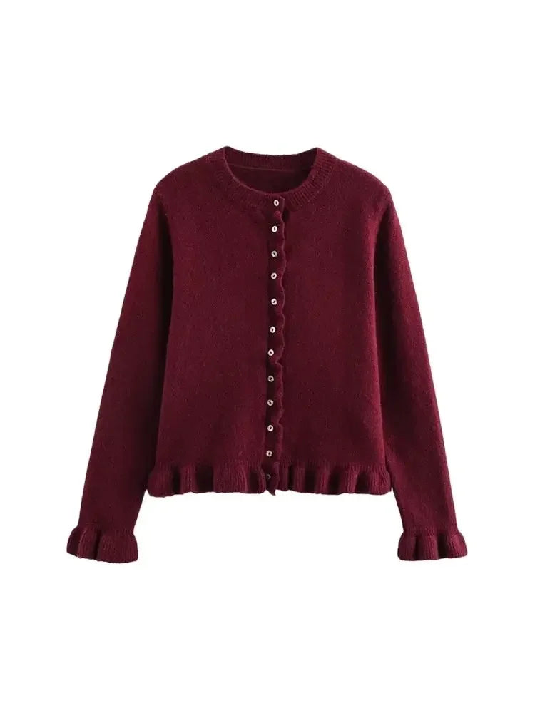 Women's Ruffled Knit Cardigan Sweater O-Neck Long Sleeve Chic Top with Front Buttons Fashion Outerwear