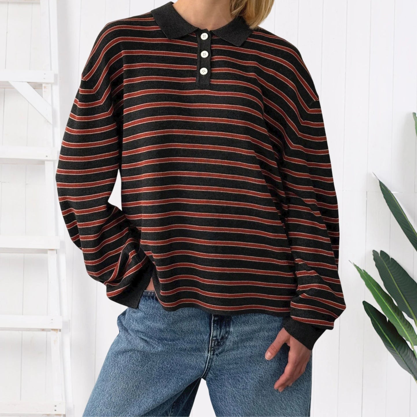Women s Striped Collared Sweater with Loose Fit and Long Sleeves - Stylish Pullover Knit Top for Casual Winter and Fall Fashion