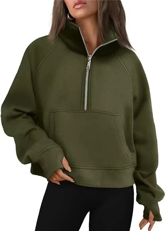 New Women's Spring Autumn Winter Stand Collar Plus Fleece Solid Color Hoodie Long Sleeve Pocket Loose Half Zip Pullover Hoodie