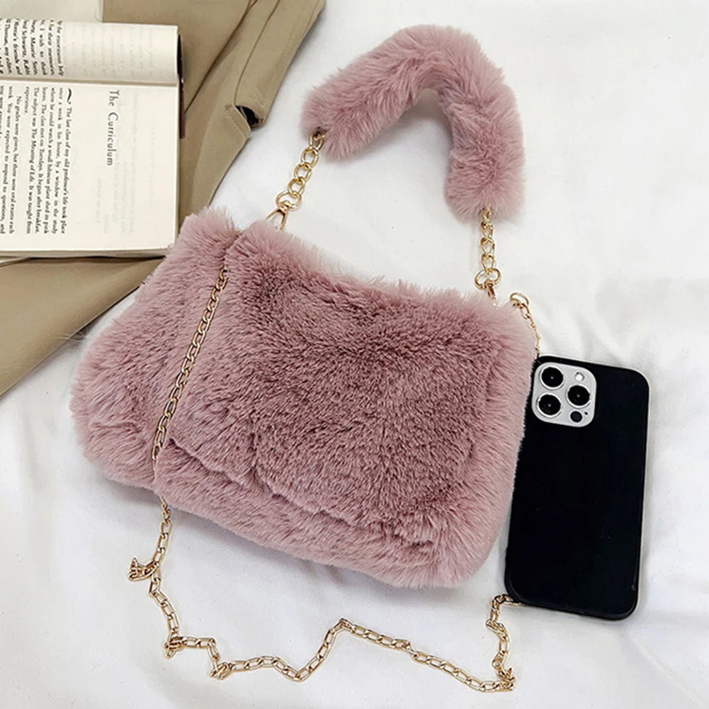 Women Faux Fur Tote Bag Casual Plush Tote Handbag Versatile Fluffy Shoulder Bag Soft Cute Fall Winter Female Purse