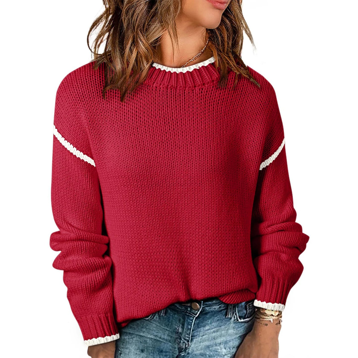 Women'S Fashion Color Blocked Round Neck Long Sleeved Knitted Sweater Pullover Sweater Top Winter Clothes Woman Ropa De Mujer