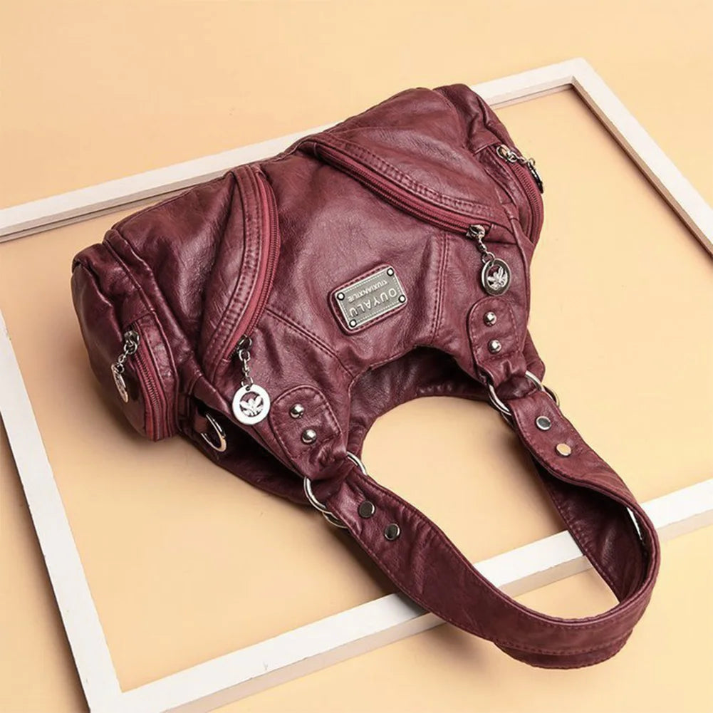 Women Retro Rivet Shoulder Bag Multiple Pockets Leather Tote Bag Detachable Strap Vintage Sling Bag Female Travel Handbag