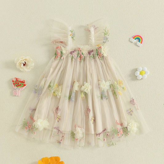 Toddler Girl Sleeveless Floral Embroidered Tulle Dress with Ruffle Square Neckline - Princess Party Dress for Baby Girl