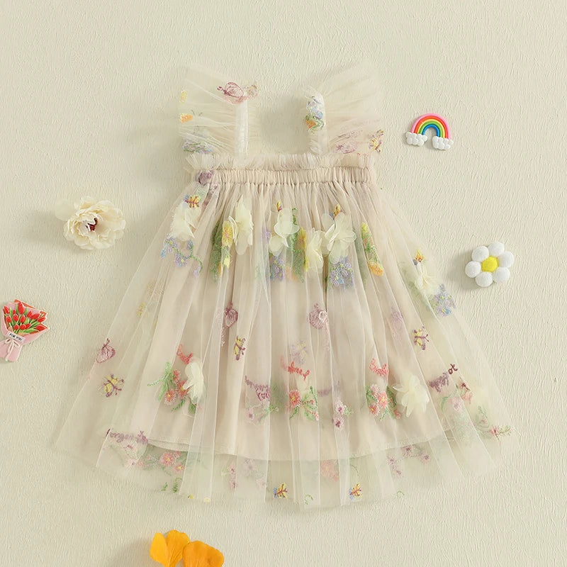 Toddler Girl Sleeveless Floral Embroidered Tulle Dress with Ruffle Square Neckline - Princess Party Dress for Baby Girl