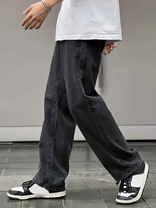 Men's Slim Straight Leg Jeans - Trendy Avant-Garde Solid Color Cotton Blend Jeans for Motorcycle Riding, Skateboarding & Light B