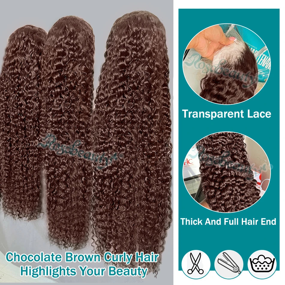 Rosabeauty Chocolate Brown Curly Wigs 13X6 HD Human Hair Lace Frontal Wig 30 32 Inch 13x4 Deep Wave #2 Colored Wig For Women