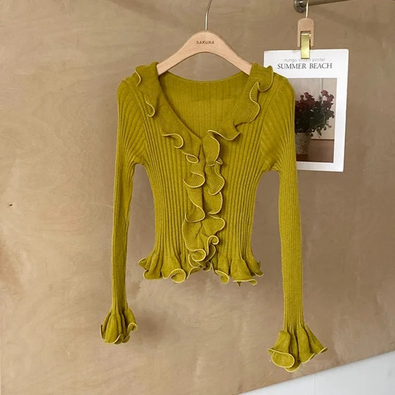 Women's Ruffled Sweater Long Sleeve Slim Fit Rib Knit Top Pullover Jumper Ladies Knitwear Autumn Winter Fairycore Outfit