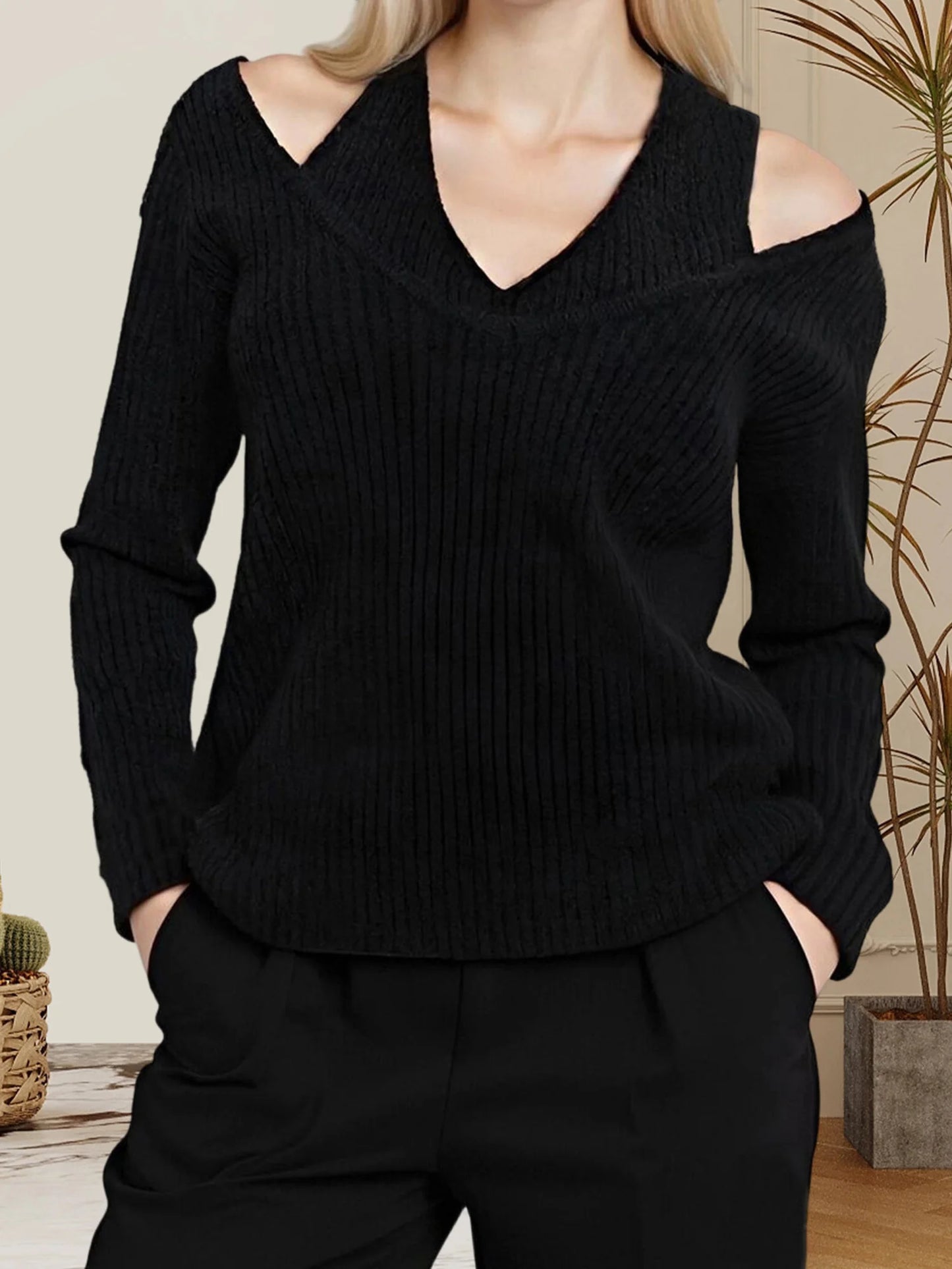 Women s Cozy Cable Knit Sweater with Cold Shoulder Detail and Halter Neckline for Autumn and Winter Fashion