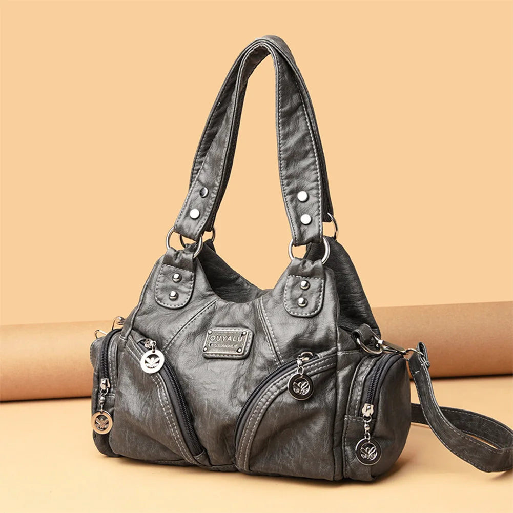 Women Retro Rivet Shoulder Bag Multiple Pockets Leather Tote Bag Detachable Strap Vintage Sling Bag Female Travel Handbag