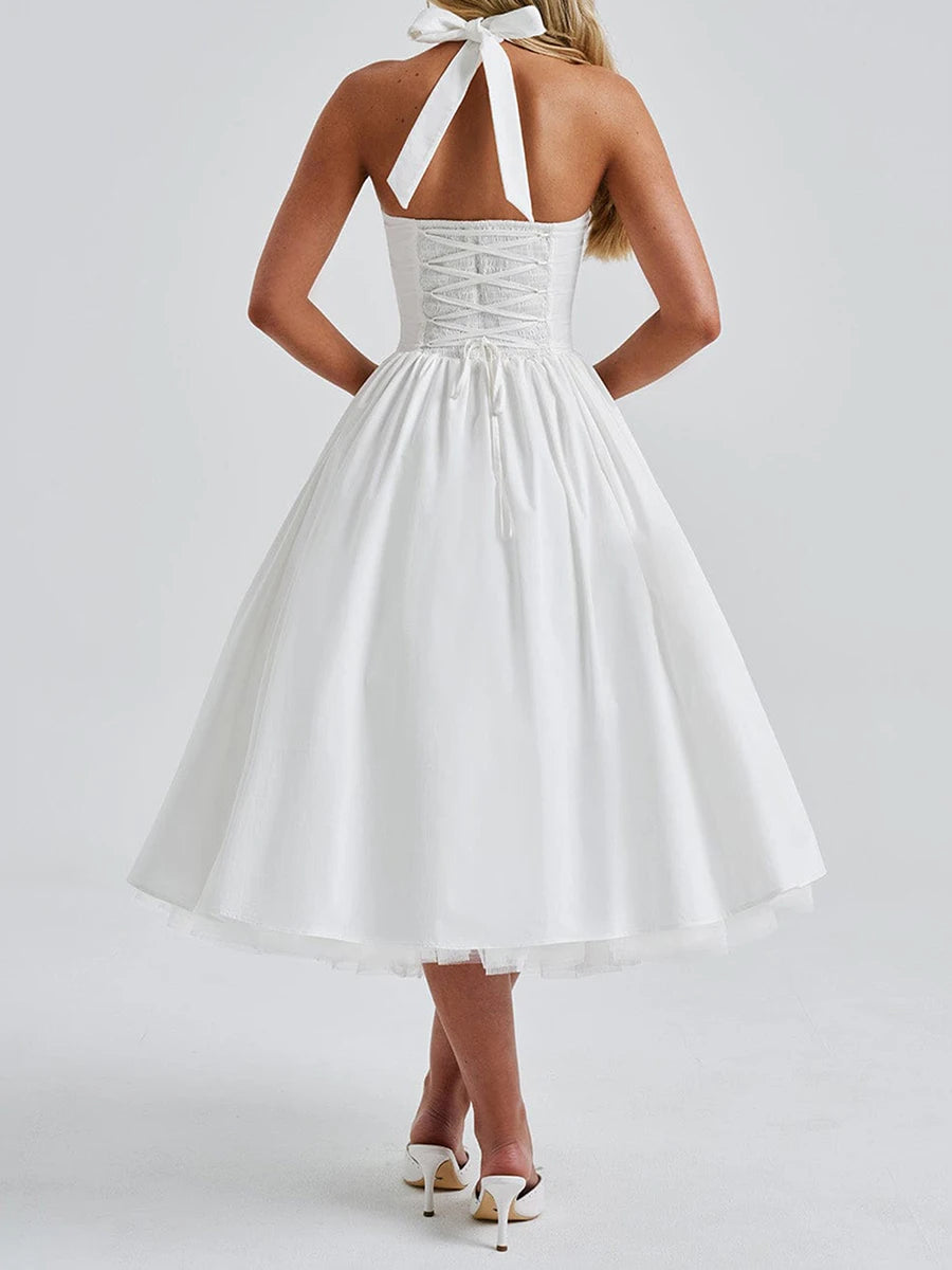 Elegant Sleeveless Midi Dress with Tie-up Halter Neck and Open Back Women s A-line Tank Dress in Solid Color Cross Design