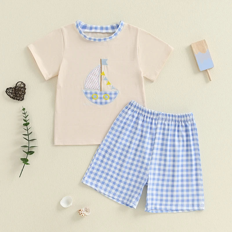 Adorable Infant Boy Nautical Theme Outfit with Anchor Applique Tee and Striped Shorts Set for Summer Fun